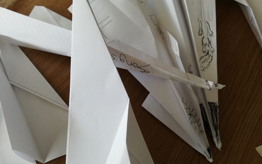 Paper aeroplane race, flying jellyfish, blackout poetry and collage